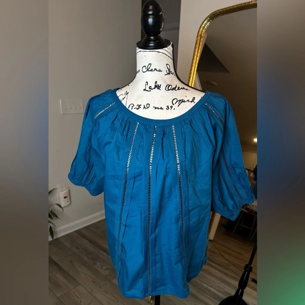 LOFT Teal Short-Sleeve Gathered Peasant Blouse
